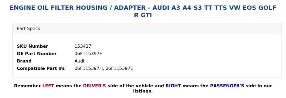 ENGINE OIL FILTER HOUSING / ADAPTER - AUDI A3 A4 S3 TT TTS VW EOS GOLF R GTI - Image 4 of 4