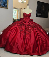 Red Quinceanera Dresses with Big Bow Sequin Appliques Satin Sweet 15 Ball Gown