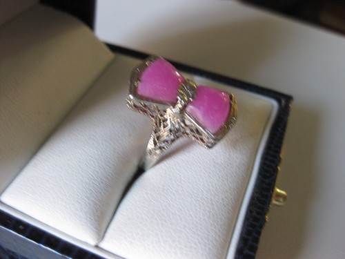 ANTIQUE 10K WHITE GOLD FILIGREE RING with PINK AGATE,ART DECO UNIQUE COLOR! - Picture 3 of 5
