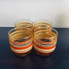 Vintage Anchor Hocking Striped Amber Lowball Drinking Glasses Barware Set of 4