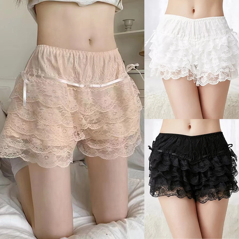 Ruffle Womens Safety Knicker Shorts Bowknot Frilly Layered Pants Shorts Lace - Image 3 of 4