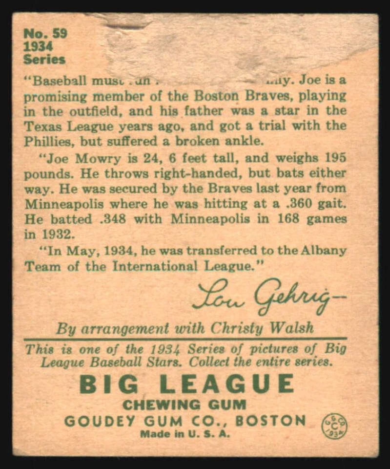 1934 Goudey #59 Joe Mowry POOR RC Rookie Bos Braves 576075 - Image 2 of 2