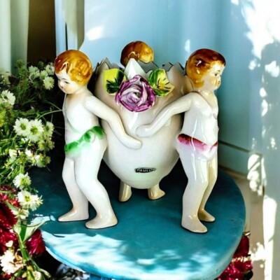 Vintage Cherub Cracked Egg Vase Planter Roses Putto Putti Porcelain