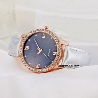 Sommer Uhr Damenuhr Armbanduhr Rosegold & Kristallen Rosa Silber Quarzuhr - Bild 1 von 3