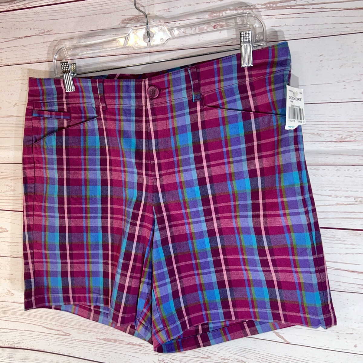 DOCKERS Shorts Womens Size 12 Chino Pink blue Plaid Flat Front