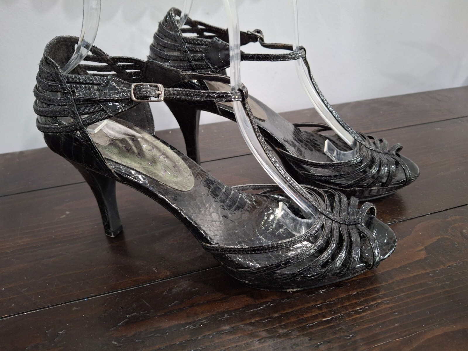 NYC-Inspired Black Metallic Strappy Open-Toe Heels Size 8M