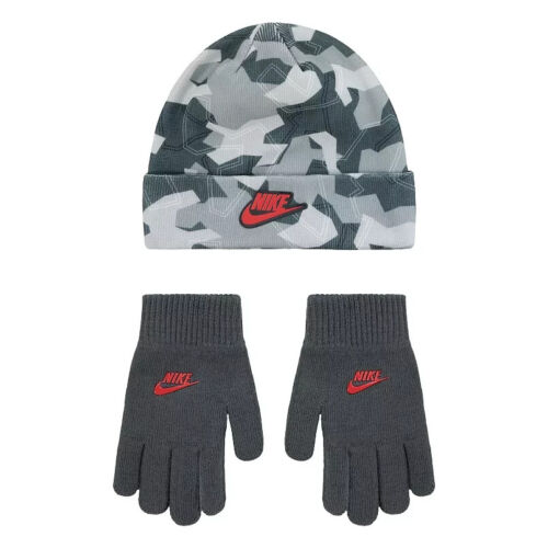 Nike Kids Boys Smoke Grey Multi Printed Beanie Hat and Gloves Set - (9A3049-M19) - Afbeelding 1 van 4
