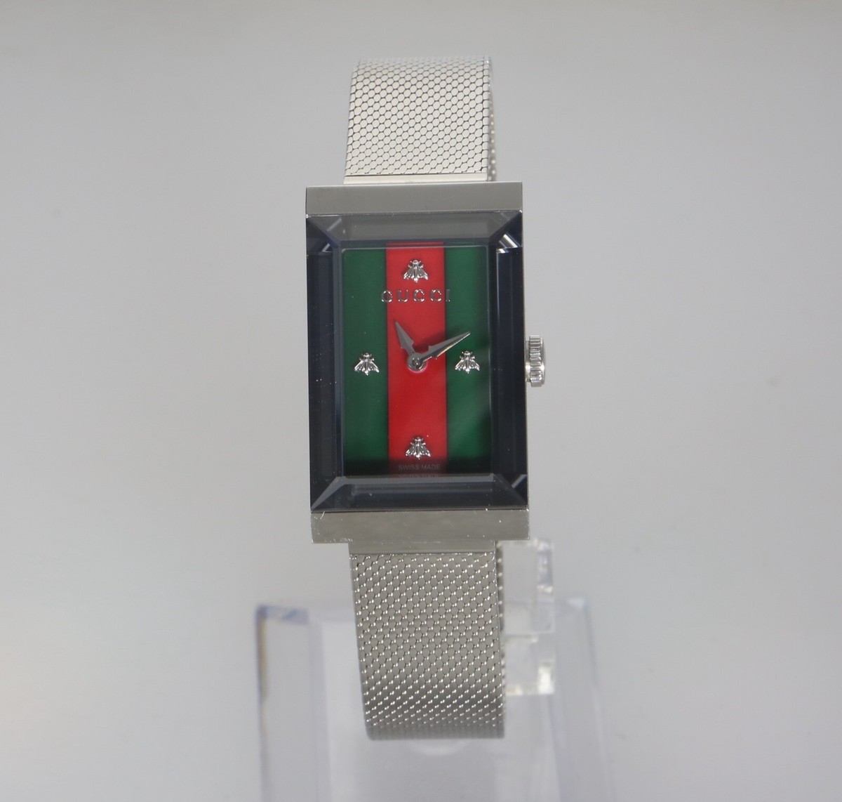 NWB Full Set Gucci G-Frame YA147401 Women Steel Mesh Green Red Bee Watch 21x34mm GUCCI G-Frame 21MMx34MM Green/Red MOP Dial Mesh Bracelet  main image 2