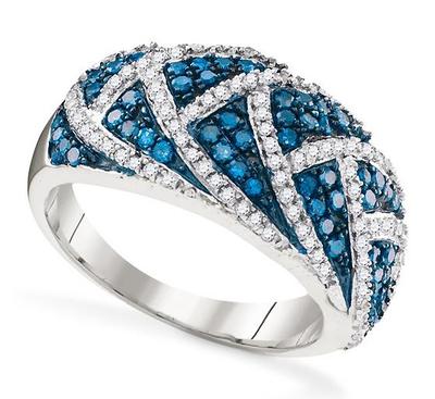 10K Weiß Gold Blau & Weiss Diamantring Breit Gewölbter Gebündeltes Band .70ct