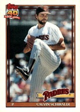 1991 Topps #424 Calvin Schiraldi Dark Topps Logo Variation - San Diego Padres