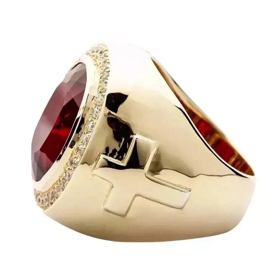 3Ct Oval Cut Lab Created Red Ruby Men's Cross Bishop Ring 14K Yellow Gold Plated - Image 3 of 4