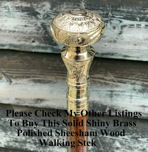 GENTLEMENS CLASSIC STYLE WOODEN WALKING STICK CANE BRASS HANDLE NICKEL FINISH - Picture 10 of 10