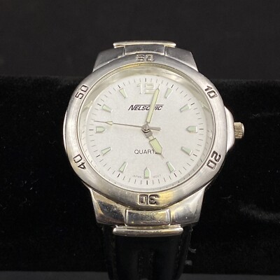 Mens Nelsonic Silver Tone Round Face Wristwatch Leather Band Watch Casual Quartz