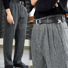 Men's Vintage Tweed Herringbone Pants Woolen Casual Business Trousers Custom Hot