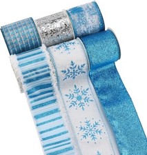 Christmas Ribbon Blue Silver Wired 2.5" Mayreel 6 Rolls/Box 36 Yards Total NEW