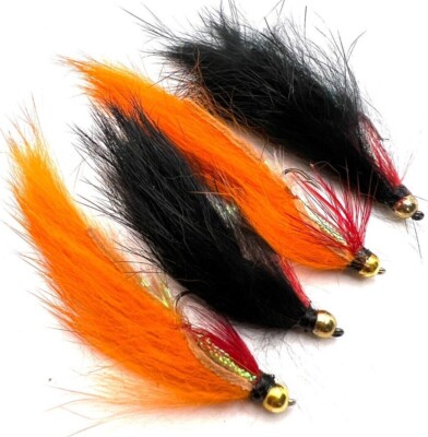 4, 6 oder 8 Forellen Fliegenfischen Fliegen GOLDKOPF ZONKERS schwarz, orange BARBED/BARBLESS