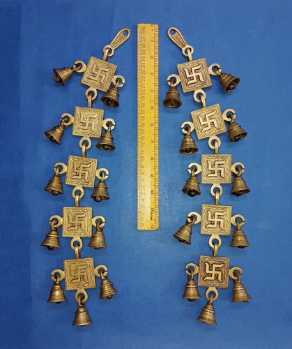Ganesha Symbols Ringing Bell Brass Sleigh Bell Entry Door Hanging Pair GTX - Foto 4 di 9