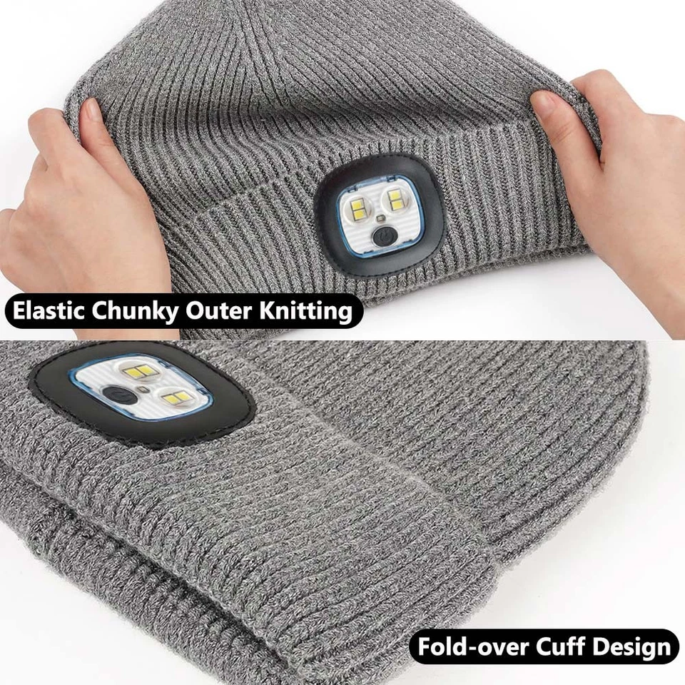 Unisex Warm Winter Knit Beanie Hat with LED Light USB Rechargeable Headlamp Cap - Image 4 of 4