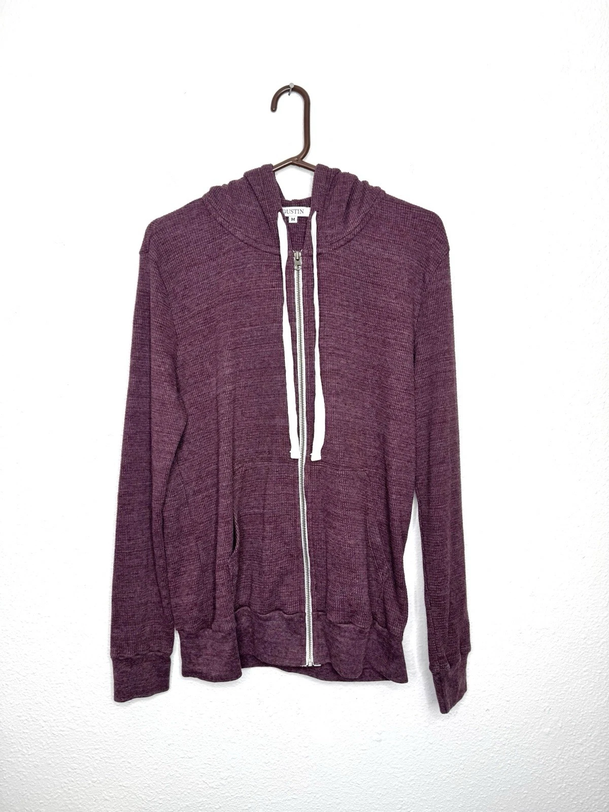 Gustin Waffle Full Zip Hoodie Mens M Thermal Knit Maroon Made in USA 100% Cotton
