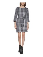 CALVIN KLEIN Womens Gray Pullover Plaid 3/4 Sleeve Short Shift Dress 8