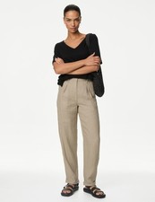 Marks & Spencer Womens Natural Beige Linen Tapered Trousers - M&S