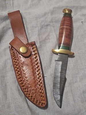 Beautiful 8'' Fixed Knife Damascus & Stacked Leather w/ Leather Sheath 