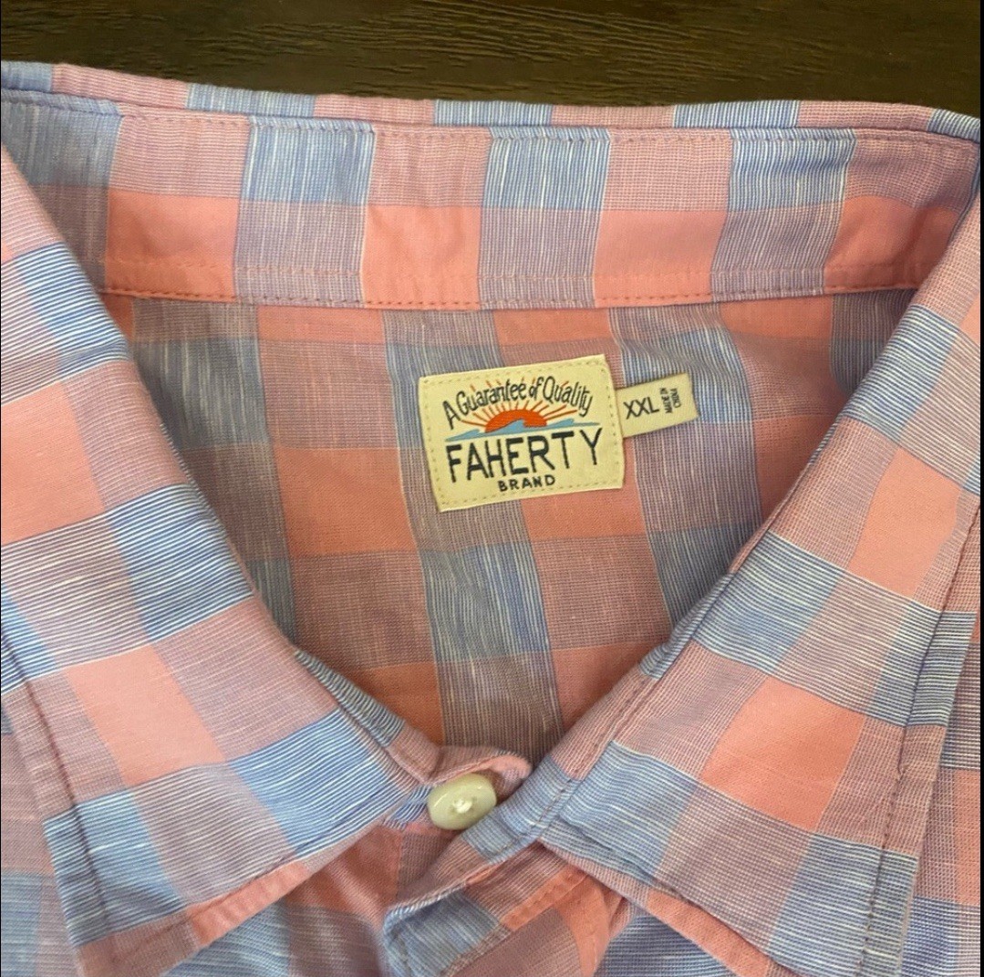 Faherty check pattern linen blend button down men… - image 7