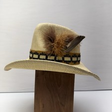 Vintage Big Sandy Straw Cowboy Hat Western Woven Sun Hat Feather Band Sz 7 1/8 L