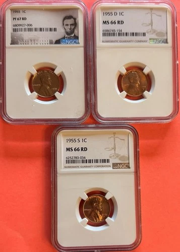 1954 - P D S Lincoln Wheat Penny 1 Cent Uncirculated BU NGC 66 RD Lot Of 3 Coins