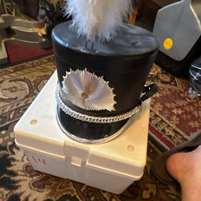 Black Faux Leather Marching Band Shako Hat, White Plume, Silver Chain, 7 1/4