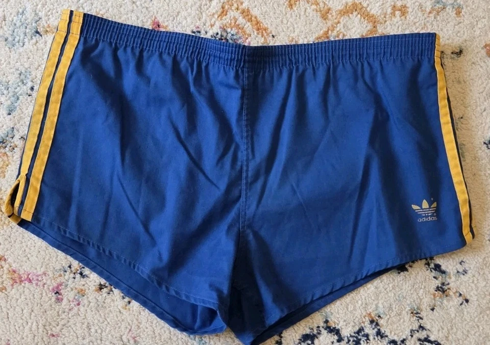 Vintage Adidas Running Shorts XL Three  Stripes Blue Made In USA Lined 70s 40-42 - Image 2 of 4