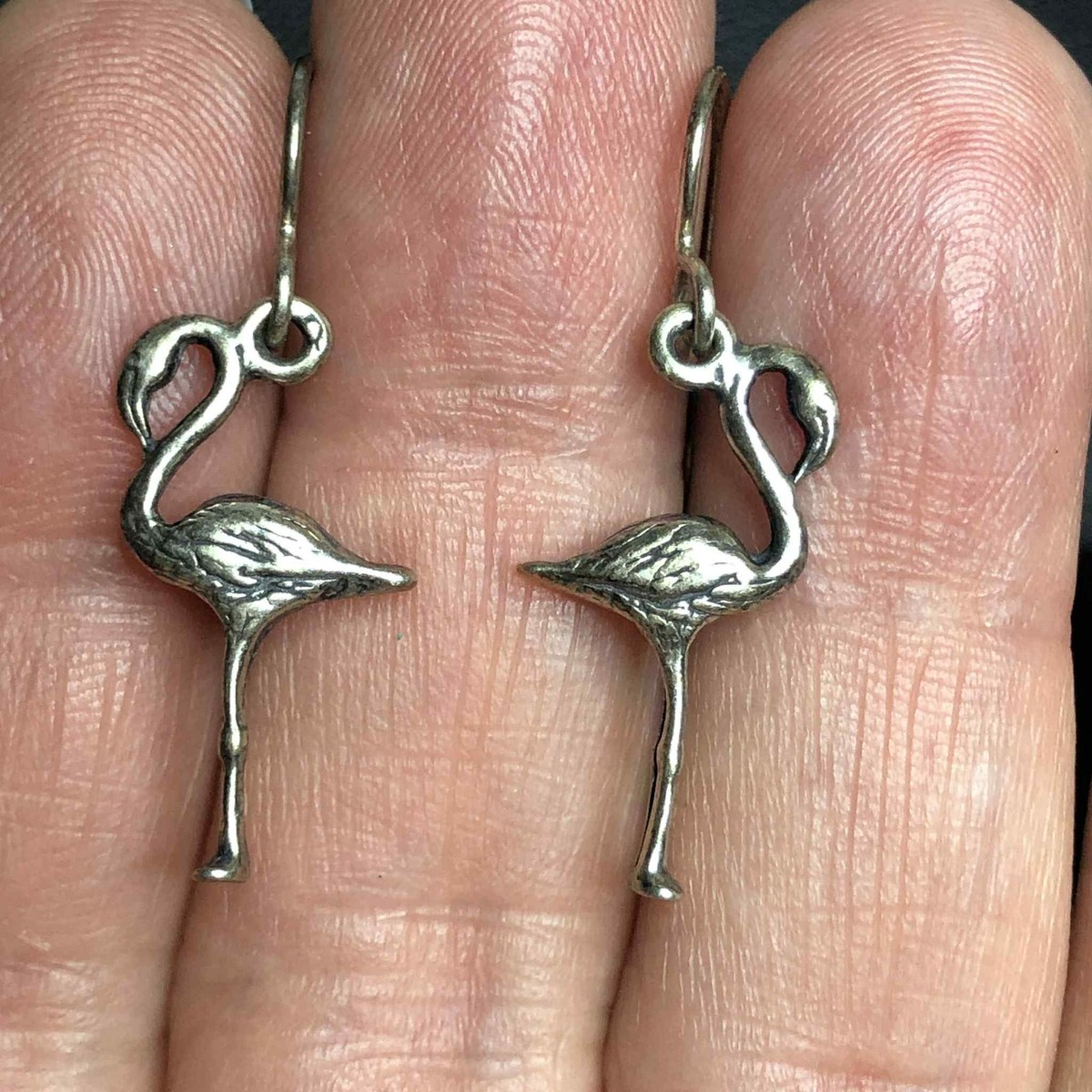 6826 Vintage patina Sterling 925 Flamingo figural dangle earrings