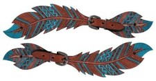 Showman Ladies Size Leather Teal Painted Cut-Out Feather Spur Straps