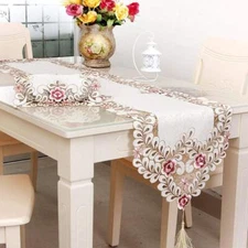 15" X 69" Classic Flower Embroidery Polyester Table Runner Vintage Lace Cream Fl