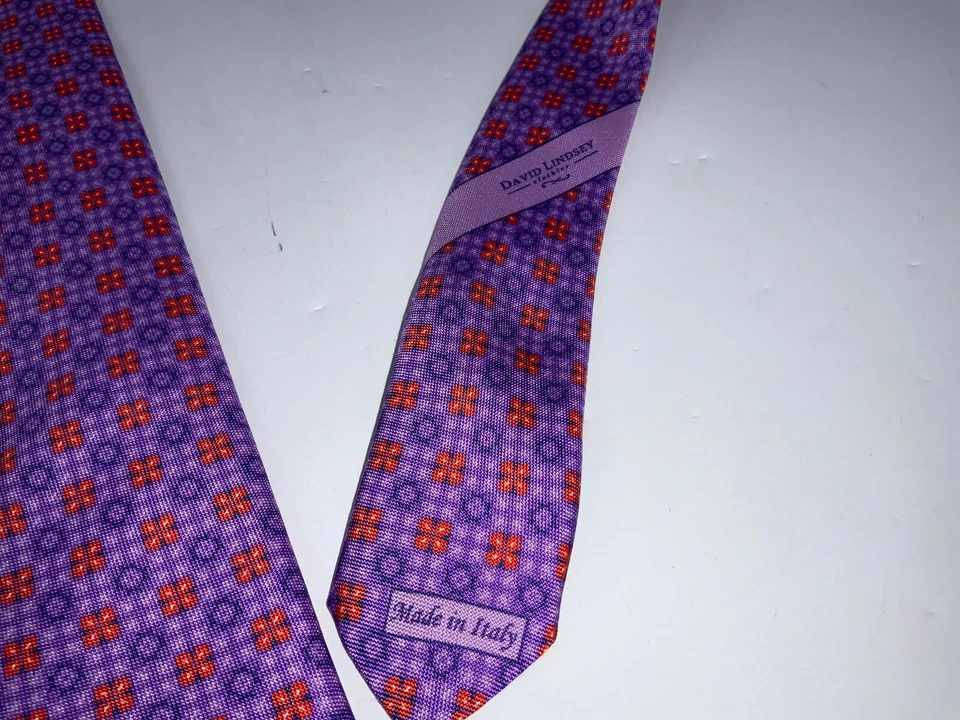 Corbata David Lindsey Cuello Púrpura Naranja Floral Seda 3.25” Ancho Italia YGI H2-276 Foto 3 de 4