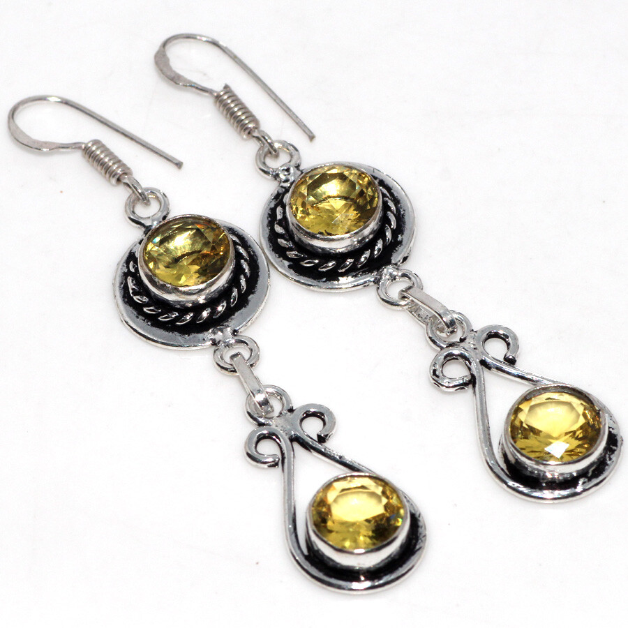 925 Silver Plated Citrine Handmade Ethnic Long Earrings 2.6
