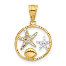14k Yellow Gold White Rhodium Diamond Cut Starfish Seashell in Circle Pendant