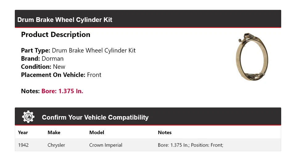 For 1942 Chrysler Crown Imperial Dorman Drum Brake Wheel Cylinder Kit Front - Image 2 of 4
