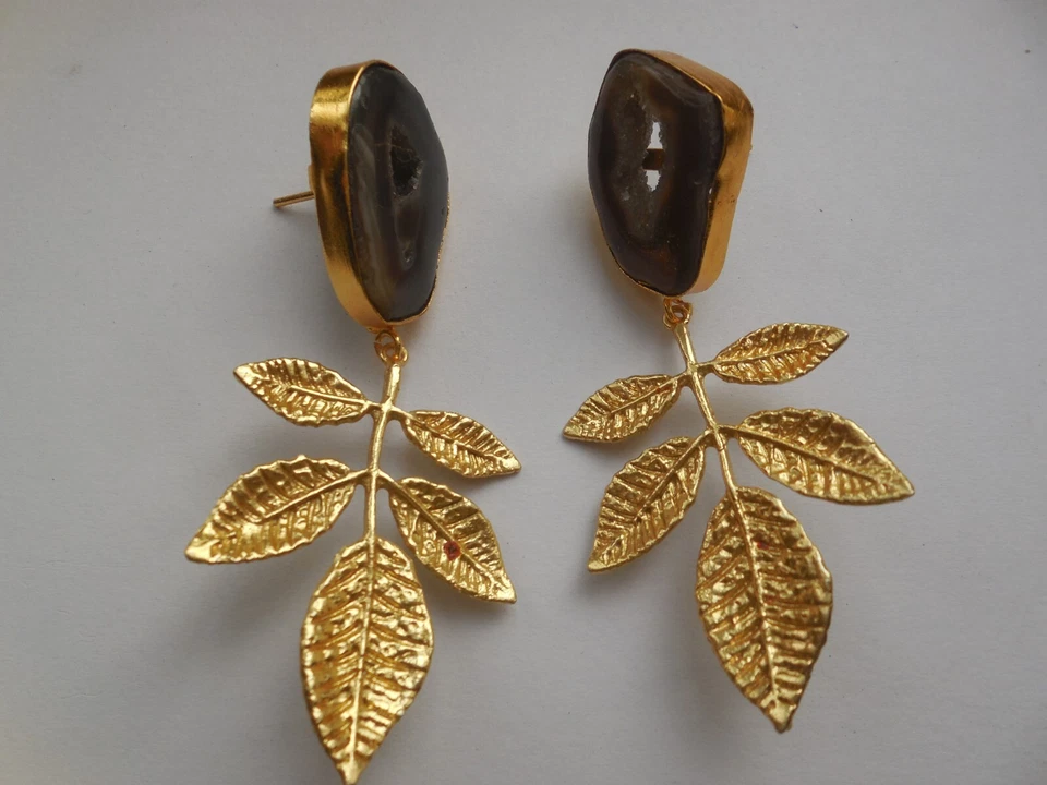 Pendientes de plumas Druzy rebanada tono dorado pendientes de piedras preciosas joyería de moda Foto 3 de 3