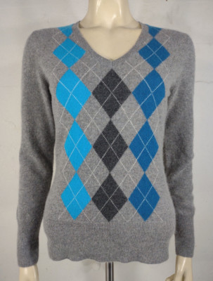 Apt. 9 gray blue argyle 100% Cashmere v-neck pullover sweater ladies Medium