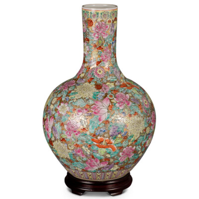 US SELLER - Hand Painted Imperial Canton Porcelain Chinese Floral Temple Vase