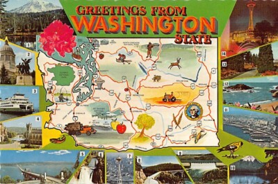 Postcard WA: Greetings from Washington, Map, Multiview, 4x6 Unposted