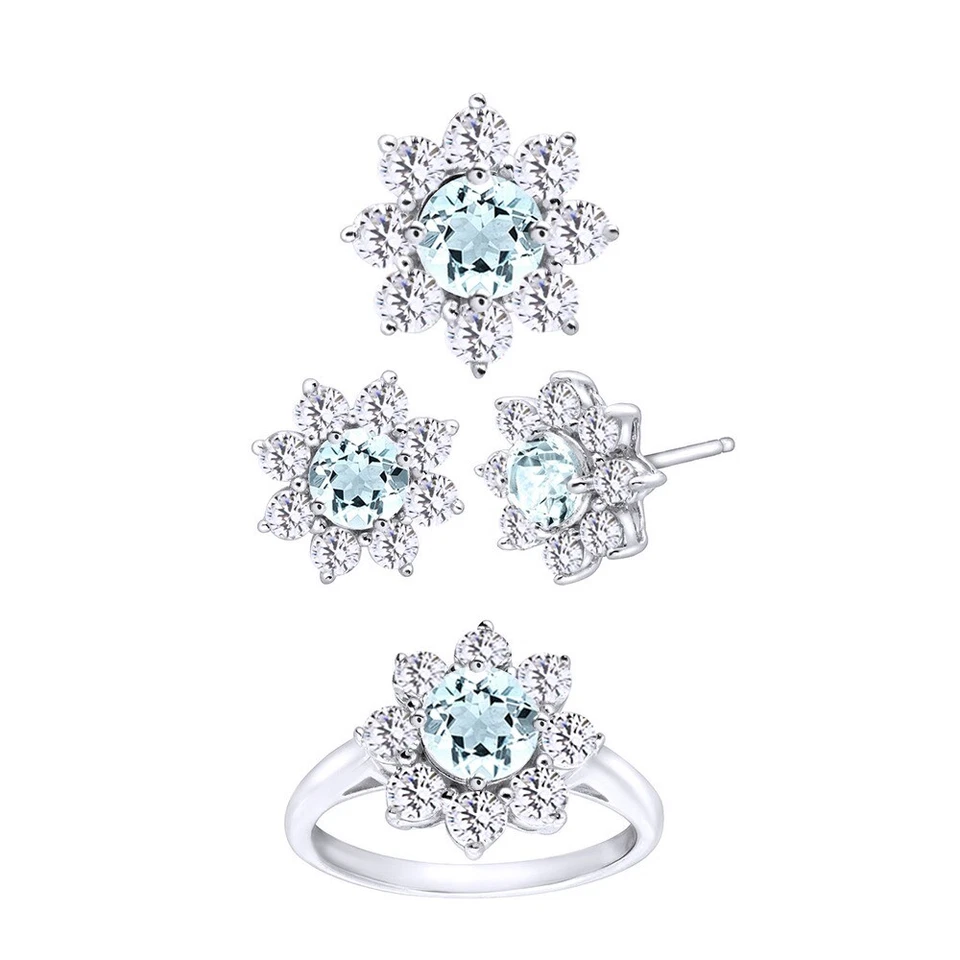 Conjunto de joias 5 3/4 quilates redondo criado halo de flor de água-marinha folheado a ouro branco 14K - Imagem 3 de 4