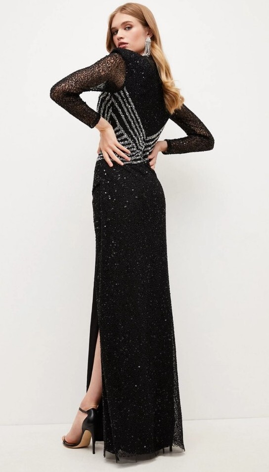 rare Karen millen black silver beaded evening Cocktail Party Long Slit dress 6 8 image 10