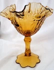 Vintage Fenton Amber Glass Cabbage Rose Vase Compote Candy Nut Footed Pedestal