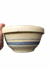 Antique Stoneware Mixing Bowl Blue Bands Farmhouse Ceramic Dish -Flaw Read