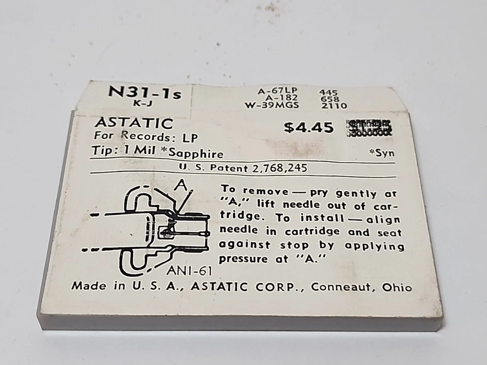 NEW Astatic N31-1s Stylus Needle (a-67LP, A -182,) JBtr34, W39mgs, +++) JBtr34 - Image 2 of 2