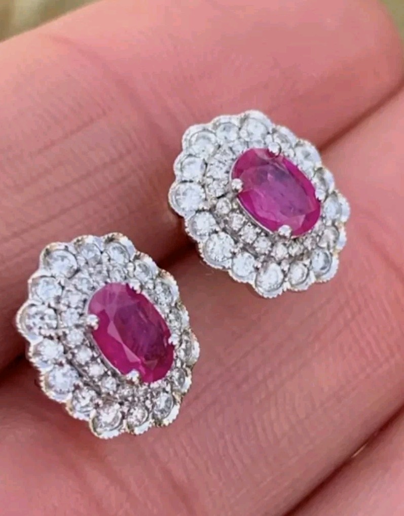 Ruby Diamond Earrings. Ruby Cluster. Diamond Clus… - image 4