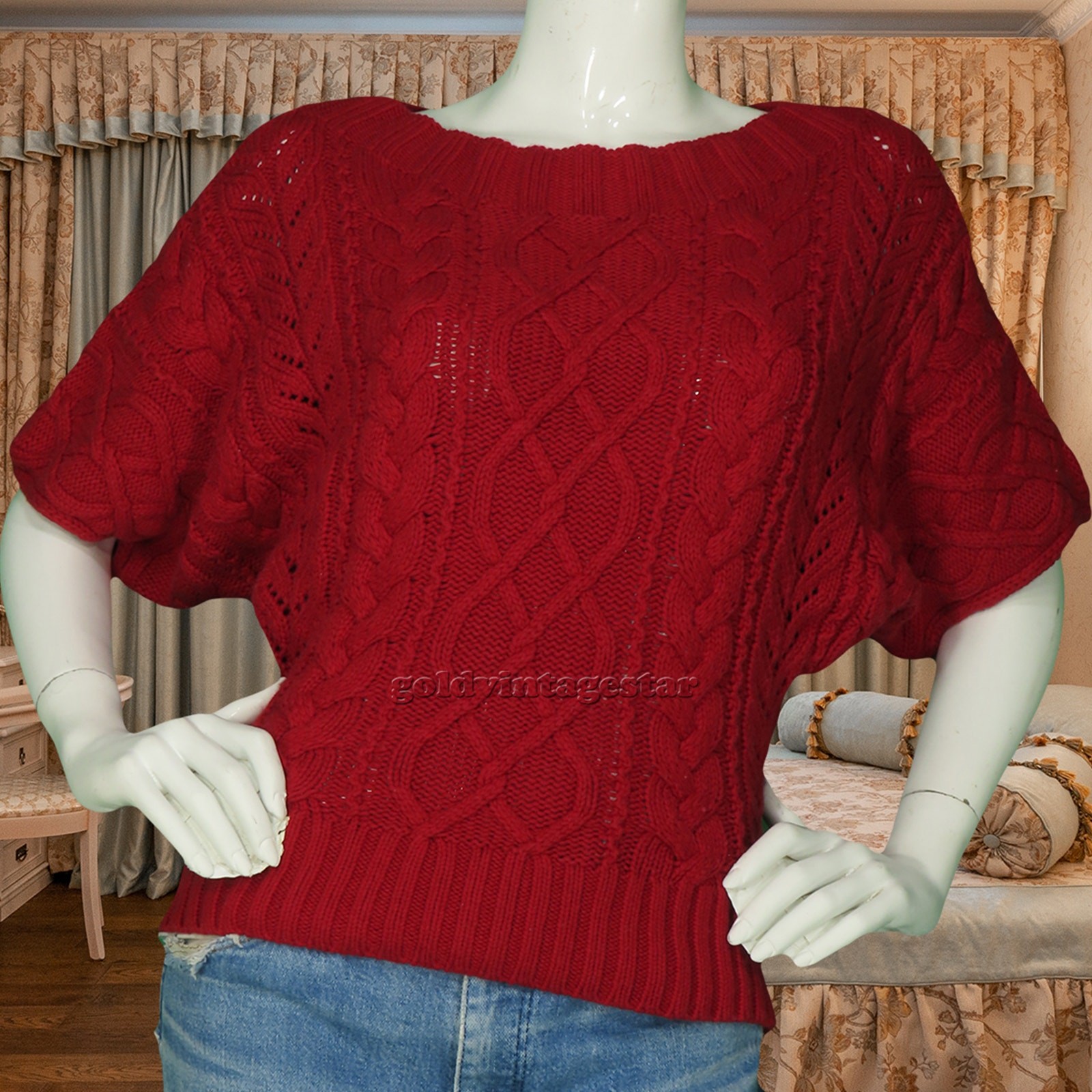 Express Ruby Red Cable Knit Cozy Short Sleeve Top… - image 1