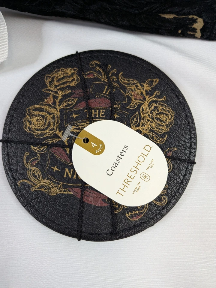 Threshold Halloween Table Runner & Coasters Set, Roses Spiders, Black Gold Red - Image 4 of 4